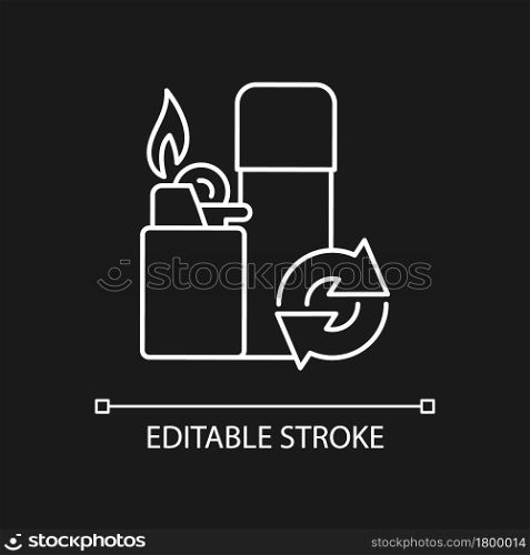 Lighter refill white linear icon for dark theme. Propane and gas filling. Domestic lighting tool. Thin line customizable illustration. Isolated vector contour symbol for night mode. Editable stroke. Lighter refill white linear icon for dark theme