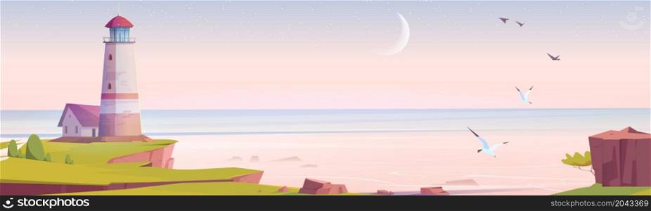 Lighthouse at early morning sea shore, beacon building at scenery nature ocean landscape. Nautical seafarer on rocky coast under pink sky with gulls. Marine sailing light, Cartoon vector illustration. Lighthouse at early morning sea shore, beacon