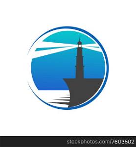 Lighthouse at sunset or sunrise isolated icon. Vector beacon tower, marine navigation symbol. Retro lighthouse tower isolated building
