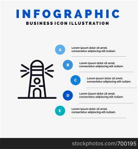 Lighthouse, Building, Navigation, House Blue Infographics Template 5 Steps. Vector Line Icon template