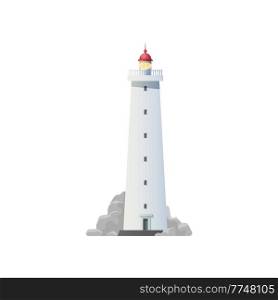 Lighthouse building vector icon with ocean or sea light house tower and marine beach rocks. Isolated nautical navigation beacon with searchlight lantern and red dome, maritime navigation safety. Lighthouse building icon, ocean or sea beacon