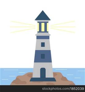 Lighthouse by the sea vector illustration. Tower with signal light to guide ships. Sea and coastal novigation. Rescue pointer searchlight, flat.. Lighthouse by the sea vector illustration.