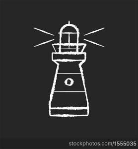 Lighthouse chalk white icon on black background. Traditional maritime navigational landmark. Warning sign for sailors. Tall building with bright searchlight isolated vector chalkboard illustration. Lighthouse chalk white icon on black background