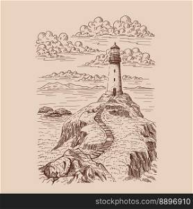 Lighthouse. Hand drawn illustration converted to vector. Sea coast graphic landscape sketch illustration vector.