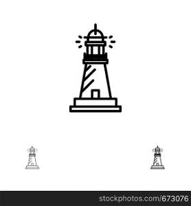 Lighthouse, House, Light, Beach, Ocean Bold and thin black line icon set