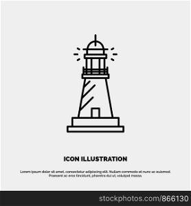 Lighthouse, House, Light, Beach, Ocean Line Icon Vector