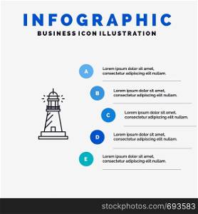 Lighthouse, House, Light, Beach, Ocean Line icon with 5 steps presentation infographics Background