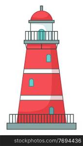 Lighthouse icon isolated at white, navigation building for ships, cartoon vector red lighthouse, beacon s tower with balcony, windows and spire, high building, watchtower, maritime concept, isolated. Lighthouse icon isolated at white, navigation building for ships, cartoon vector red lighthouse