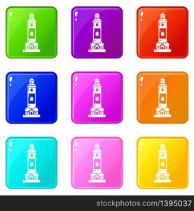 Lighthouse icons set 9 color collection isolated on white for any design. Lighthouse icons set 9 color collection