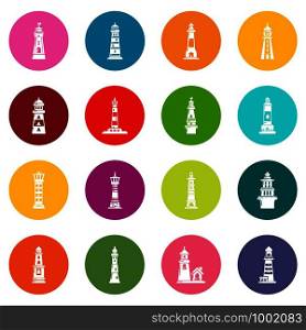 Lighthouse icons set vector colorful circles isolated on white background . Lighthouse icons set colorful circles vector