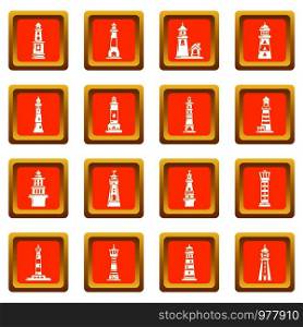 Lighthouse icons set vector orange square isolated on white background . Lighthouse icons set orange square vector