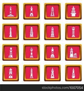 Lighthouse icons set vector pink square isolated on white background . Lighthouse icons set pink square vector