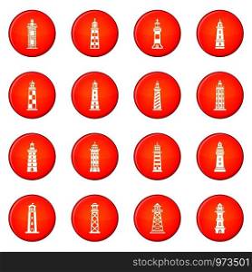 Lighthouse icons set vector red circle isolated on white background . Lighthouse icons set red vector