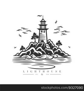Lighthouse in the ocean on the small rocky island vector logo emb≤m. Lighthouse tower mascot.. Lighthouse in the ocean on the small rocky island vector logo emb≤m. Lighthouse tower mascot