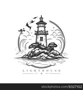Lighthouse in the ocean on the small rocky island vector logo emblem. Lighthouse tower mascot.. Lighthouse in the ocean on the small rocky island vector logo emblem. Lighthouse tower mascot