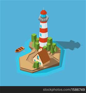 Lighthouse isometric. Sea ocean boat beach small island with navigation lighthouse and building vector picture. Illustration of lighthouse in ocean, house building tower navigation. Lighthouse isometric. Sea ocean boat beach small island with navigation lighthouse and building vector picture
