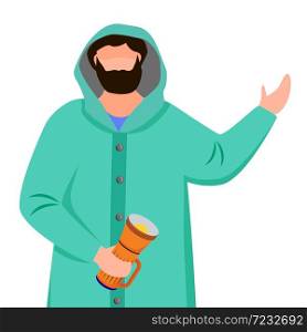 Lighthouse keeper flat vector illustration. Seafarer in raincoat with lantern isolated cartoon character on white background. Maritime occupation. Lighthouse keeper flat vector illustration