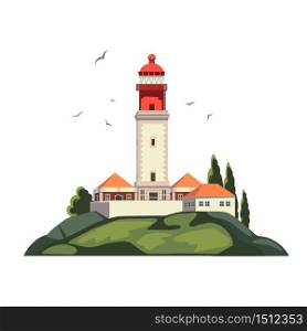 Lighthouse on coast of sea, Lighthouse infrastructure on island. Summer holidays. Cape Rock. Isolated on white background. High quality vector illustration.. Lighthouse on coast of sea, Lighthouse infrastructure on island. Summer holidays. Cape Rock. Isolated on white background.