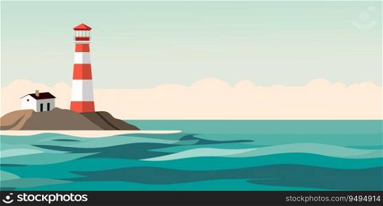 Lighthouse on ocean landscape. Lighthouse on sea coast in flast style. Summer beach. Vector stock