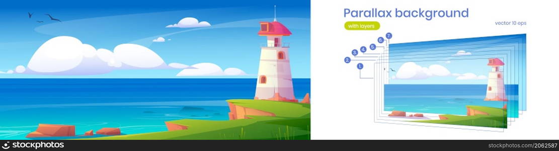 Lighthouse on rock cliff on sea coast. Vector parallax background for 2d animation with cartoon illustration of summer landscape of ocean shore with beacon, nautical navigation tower. Parallax background with lighthouse on sea coast