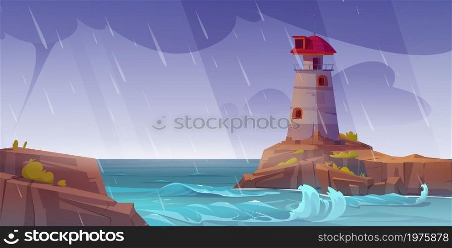 Lighthouse on rock island in sea in storm. Vector cartoon illustration of ocean shore landscape with beacon building on cliff, rain and waves. Seascape with nautical navigation tower at rainy weather. Lighthouse on rock island in sea in storm