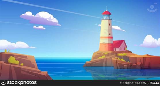 Lighthouse on rock island in sea. Vector cartoon illustration of summer landscape of ocean shore with beacon and building on cliff. Seascape with nautical navigation tower with lamp on coast. Lighthouse on rock island in sea