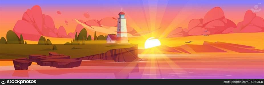 Lighthouse on sea coast. Summer sunset landscape of ocean beach with beacon, building on cliff. Vector cartoon illustration of seascape with nautical navigation tower. Ocean shore with light house. Lighthouse on sea coast. Landscape with beacon