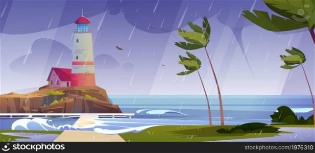 Lighthouse on sea shore at storm, beacon building at disaster nature ocean landscape with rain, splashing water waves and bent palm trees at coastline under dull cloudy sky Cartoon vector illustration. Lighthouse on sea shore at storm, beacon building