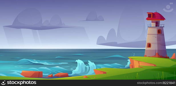 Lighthouse on sea shore at storm, beacon building at scenery nature ocean landscape with splashing water waves and rocky coast under dull cloudy sky. Nautical seafarer, Cartoon vector illustration. Lighthouse on sea shore at storm, beacon building
