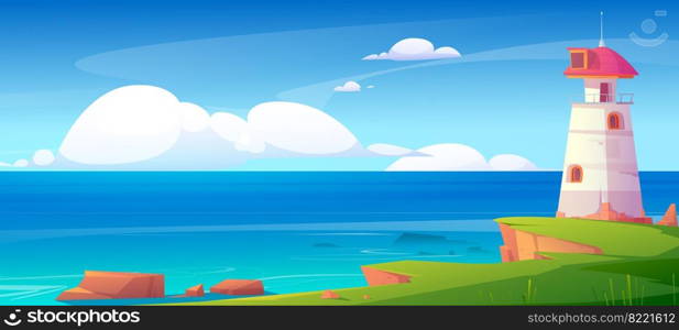 Lighthouse on sea shore, beacon building at scenery nature ocean landscape with blue water and rocky coast under cloudy sky. Nautical seafarer, marine safety sailing light, Cartoon vector illustration. Lighthouse on sea shore, beacon building at ocean