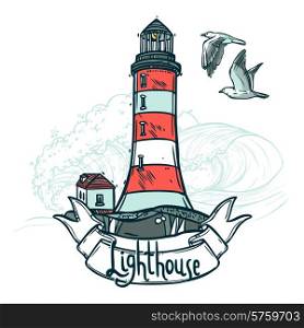 Lighthouse sketch illustration with ribbon seagull and sea waves on background vector illustration. Lighthouse Sketch Illustration