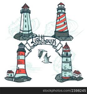 Lighthouse sketch set with seagulls and sea waves on background vector illustration. Lighthouse Sketch Set