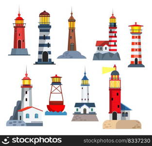 Lighthouse towers set. Collection for night signal on shore. Can be used for topics like direction, marine, storm