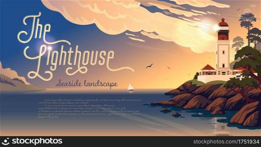Lighthouse - vector landscape. Sea landscape with beacon on the beach at sunrise. Vector horizontal illustration in flat cartoon style.. Lighthouse - vector landscape. Sea landscape with beacon on the beach on sunset. Vector horizontal illustration in flat cartoon style