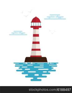 Lighthouse with waves, clouds and birds on a white background. Icon lighthouse. Illustration of a lighthouse with the ocean waves - a sign of the marine club or community. Stock vector