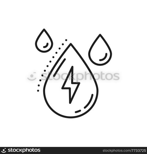 Lighting bolt and rain drops isolated natural energy sources thin line icon. Vector rainy weather, eco friendly clean and green energy objects. Weather forecast outline meteorology thunderstorm symbol. Rain drop and lighting bolt natural energy sources