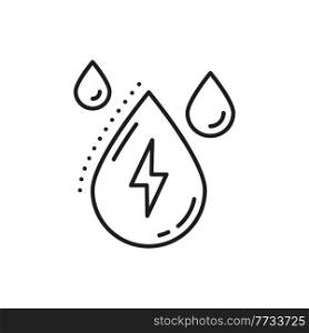 Lighting bolt and rain drops isolated natural energy sources thin line icon. Vector rainy weather, eco friendly clean and green energy objects. Weather forecast outline meteorology thunderstorm symbol. Rain drop and lighting bolt natural energy sources