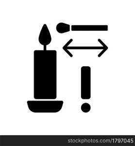 Lighting candle with long match black glyph manual label icon. Using lighter. Get birthday candle lit. Silhouette symbol on white space. Vector isolated illustration for product use instructions. Lighting candle with long match black glyph manual label icon