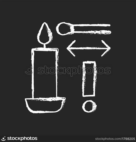 Lighting candle with long match chalk white manual label icon on dark background. Using lighter. Get birthday candle lit. Isolated vector chalkboard illustration for product use instructions on black. Lighting candle with long match chalk white manual label icon on dark background