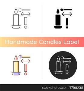 Lighting candle with long match manual label icon. Using barbecue lighter. Getting birthday candle lit. Linear black and RGB color styles. Isolated vector illustrations for product use instructions. Lighting candle with long match manual label icon