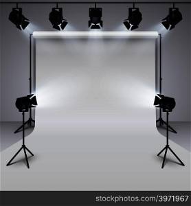 Lighting equipment and professional photography studio white blank background. 3d vector illustration. Studio for photography with light equipment. Lighting equipment and professional photography studio white blank background. 3d vector illustration