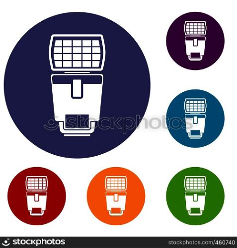Lighting flash for camera icons set in flat circle reb, blue and green color for web. Lighting flash for camera icons set