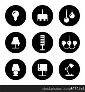 Lighting flat icons - lamps, sconce and floor lamps. Set of lamp icons monochrome. Vector illustration. Lighting flat icons - lamps, sconce and floor lamps