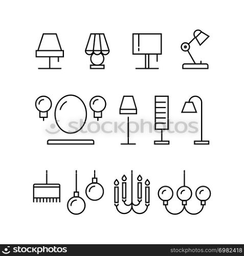 Lighting icons collection - lamps, floor lamps for home, interior, vector illustration. Lighting icons collection - lamps, floor lamps