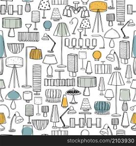 Lighting in the house. Chandeliers, floor lamps and lamps. Vector seamless pattern. Lighting in the house. Vector pattern
