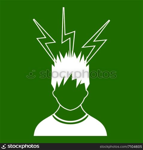 Lightning above the head of man icon white isolated on green background. Vector illustration. Lightning above the head of man icon green