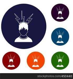 Lightning above the head of man icons set in flat circle reb, blue and green color for web. Lightning above the head of man icons set
