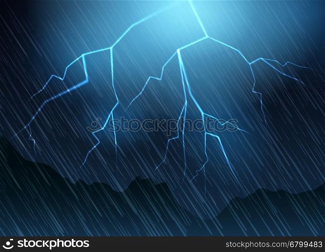 Lightning and rain blue background. Lightning and rain blue background. Nature thunder flash vector illustration