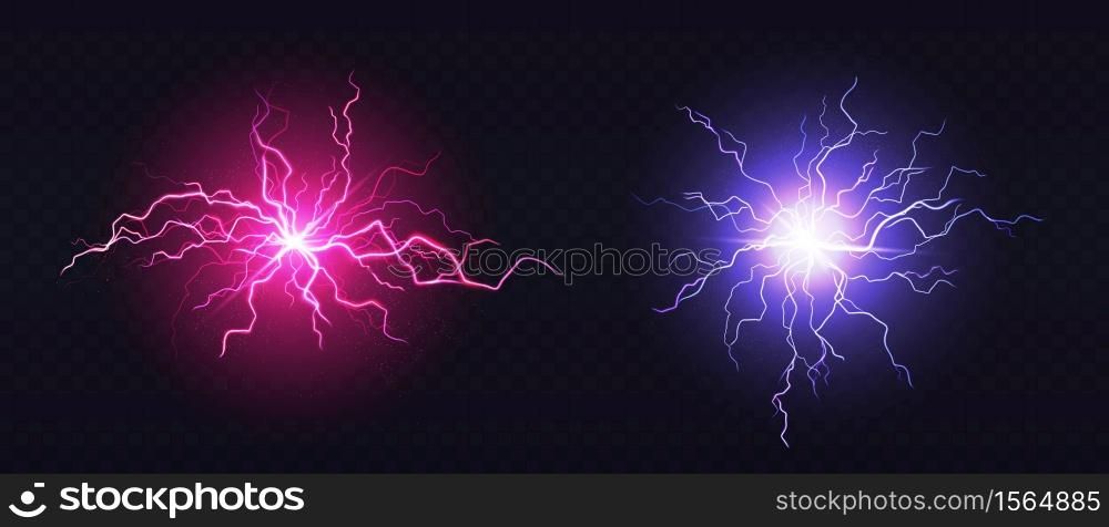 Lightning ball, electric strike impact. Vector realistic set of sparking blue and pink flashes, electrical discharge of thunderstorm isolated on dark transparent background. Vector realistic blue and pink lightning balls