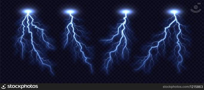 Lightning bolt collection isolated on transparent background. Realistic thunderbolt set. Lighting effect vector illustration.. Lightning bolt set isolated on transparent background.